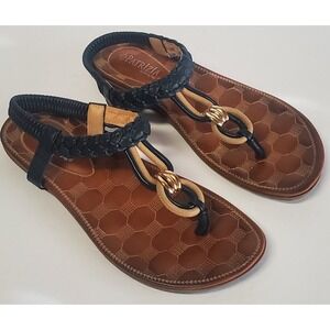 Patrizia by Spring Step Gal 8 Sandals Navy Tan Leather Gold Rings Thong Rubber